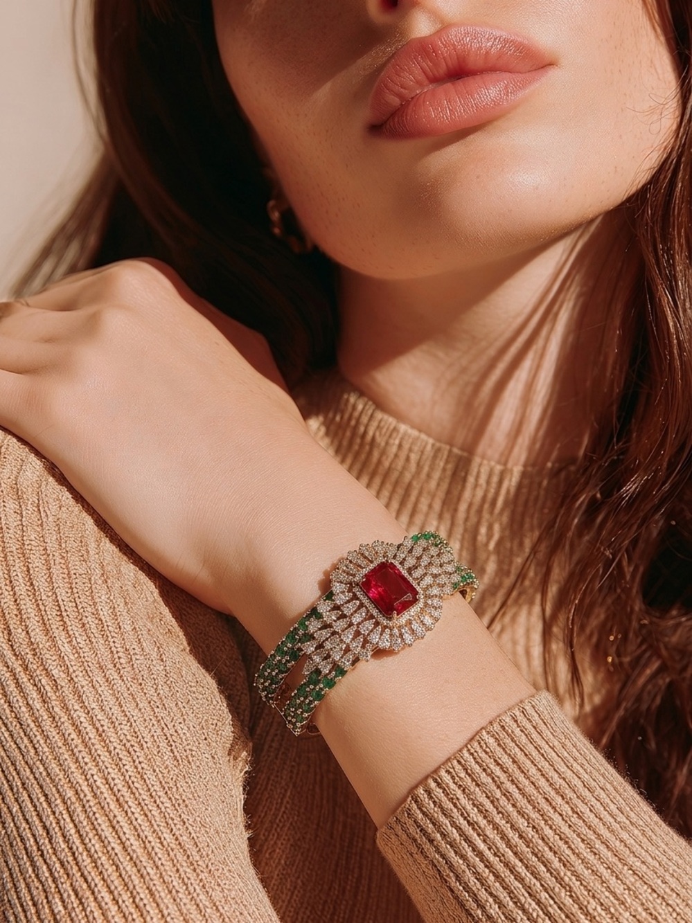 Lux Crystal Emerald & Ruby Statement cuff Bracelet